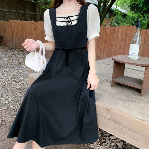 茉衣雅（MOYIYA）【1098人好评】大码赫本风假两件小黑裙女2023夏季新款微胖mm法式 感小黑裙 L 建议98-118斤斤