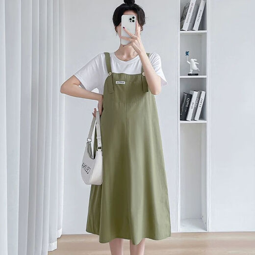 Tategao Mutterschaftskleid Sommerkleid 2024 Neues modisches loses mittelgroßer Riemenrock gefälschter zweiteiliger Mutterschaftskleid Dunkelgrüner XL (Empfohlen 115-130)