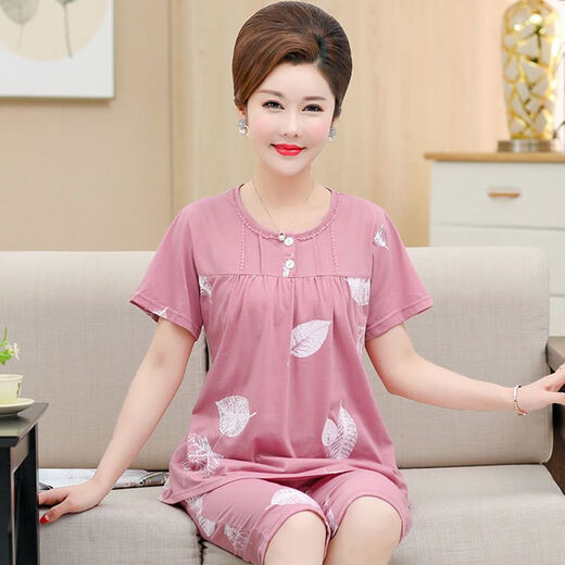 Pajama madre de mediana edad para mujeres en verano algodón puro pantalones cortados de manga corta más grasa más ropa de gran tamaño para el hogar Traje de mediana edad y ancianos T3937 2XL (135-155Jin [Jin equivale a 0.5 kg])