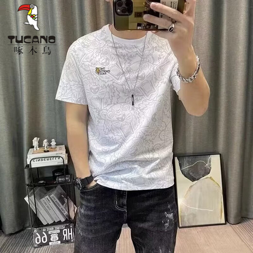 啄木鸟（TUCANO）t恤男士短袖T恤男新款潮流男装夏季满印休闲上衣青年体恤打底衫男 829短袖灰色 XL