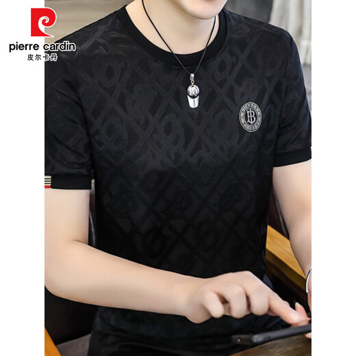 Pier Cardin Camiseta de manga corta para hombres Seda de seda de seda de alta gama europea Los hombres delgados de verano, transpirable, transpirable camiseta de media manga t 698 negro l