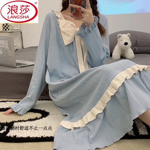 
LangSha (LangSha) bow sweet nightgown for women in spring, autumn, winter and summer long-sleeved thin cotton 2025 new large-size pajamas for women home clothes 16863 green eyes [without chest pad] M 160
