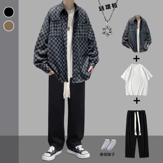 Rongxitu Camisa de ajuste de checkerboard de chaqueta de chaqueta para hombres CARJETA DE NUEVO ESTILO Spring y otoño 684+Mangas cortas blancas+pantalones grises de cuerda grande+collar+calcetines L de calidad más alta que los compañeros