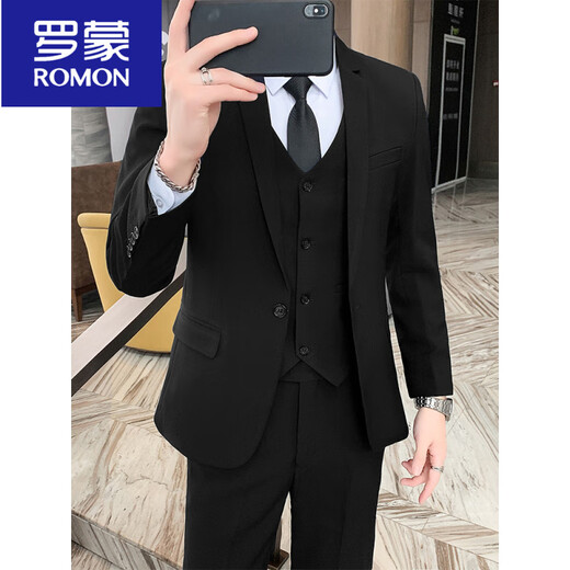 ROMON Suit Men's Korean Style Casual Business Formal Jacket Slim Fit Groomsman Groom Wedding Dress No-Iron Suit Two-Button Black Single-piece Suit Jacket XS (70~85Jin Jin is equal to 0.5kg)