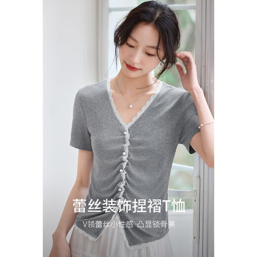 尚都比拉气质通勤温柔甜美风T恤女夏季V领性感衬衫短袖蕾丝花边高级感上衣