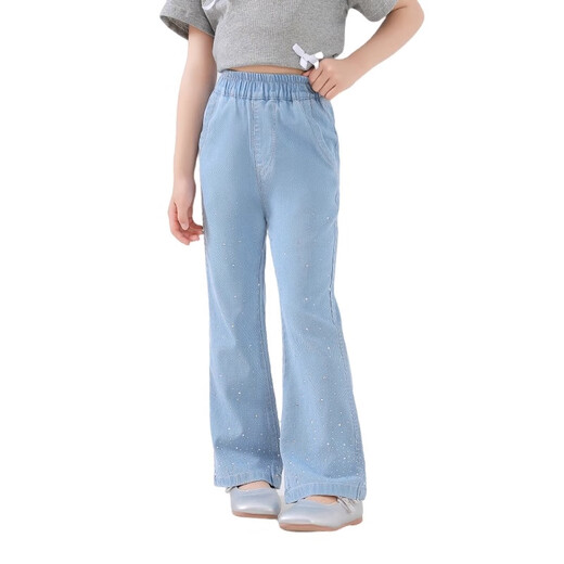Moonkids Girls 'Tiansi Soft Denim Bell-Bottom Pants 2025 Летние новые детские брюки для микрофласных штанов Лето тонкая маленькая девочка Модная двухпарея [13117 Blue +13115 Blue] 120 см