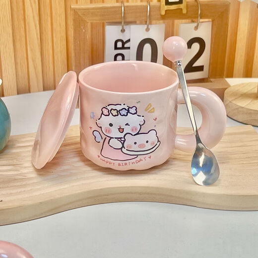 Cute Fufu Birthday Cake Mug Ceramic Cup with Covered Spoon as a Beautiful and Meaningful Birthday Gift for Girls Gift Box Cheese Cup + Cover + Spoon 1 Piece 350ml