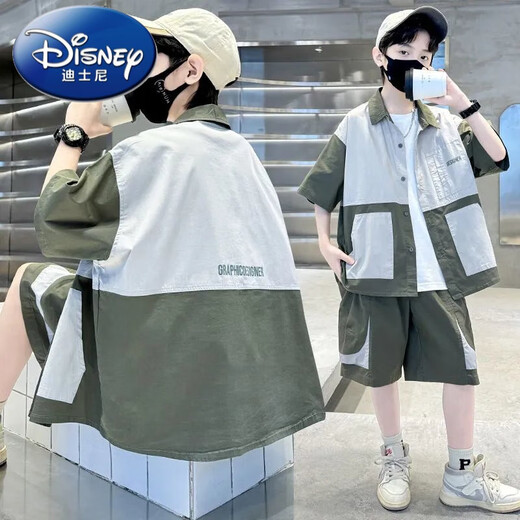 迪士尼（Disney）男童夏装套装新款夏季中大童儿童男孩夏款短袖衬衣痞帅潮衣服 TZK679-灰色套装 120 建议身高140-150厘米