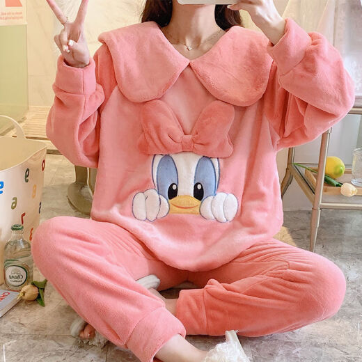 FHHUABD睡衣女秋冬季法兰绒韩版甜美卡通公主风家居服珊瑚绒加厚保暖套装 【9928绒】绿色花边领 M