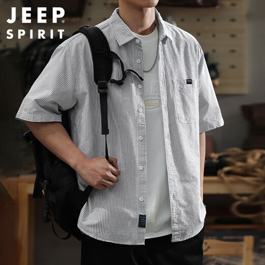 JEEP SPIRIT Jeep striped short-sleeved shirt men's summer American retro loose casual cotton shirt gray 2XL