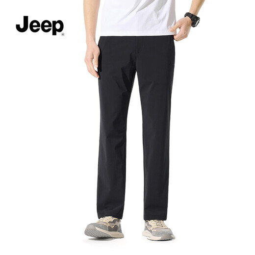 吉普（JEEP）休闲裤男商务宽松男裤高弹透气直筒裤子男  纯黑 XL