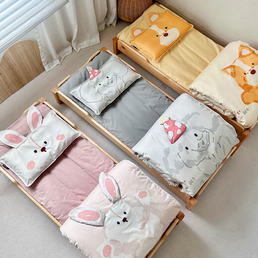 MOEDOOBIE Kindergarten Six-piece Quilt and Mattress Set Baby Three-piece Set Seven-piece Set for Baby to Enter Kindergarten for Nap Cream Rabbit-Pink Double-sided Pure Cotton Suitable for All Seasons Three-piece Kindergarten Washing Set Does Not Include Cores