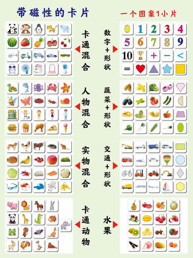 辞普全脑开发教具照相记忆宫格板记忆训练闪卡磁性九宫格宝宝玩具 2套前9后12宫+实物混20片适