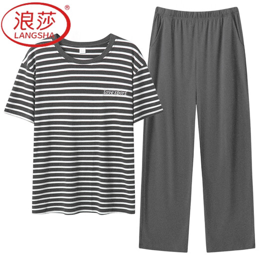 Langsha Pyjamas Herren Sommer reines Baumwoll-Kurzärärmelhosen Dünne lässige Streifen können außerhalb von Heimbekleidungsanzug y9207 93015 xl [empfohlen 130-150jin [Jin gleich 0,5 kg] tragen]