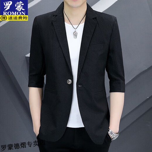 Romon's 7-quarter sleeve suit men's ice silk thin casual jacket summer Korean mid-sleeved top breathable short suit black 2XL 140Jin [Jin equals 0.5 kg] below