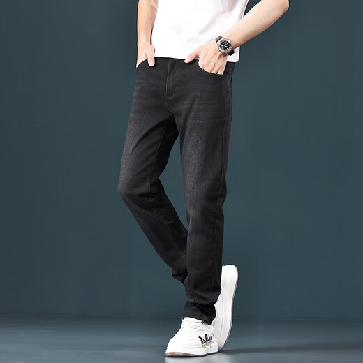 Canelin Kiskha黑色牛仔裤男春夏季男士修身小脚简约舒适高端百搭弹力休闲长裤男 1048黑色【77.9%棉】 30 码