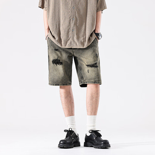 荣西图（RONGXITU）2025男士牛仔短裤夏季薄款宽松潮牌五分中裤破洞弹力5分马裤 黄泥色1105 28 (2尺1)