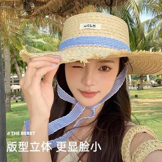 目丸蓝色丝带草帽女夏季新款户外遮阳度假沙滩帽大帽檐草编防晒太阳帽