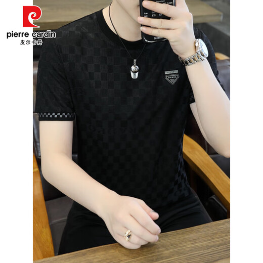 Pier Cardin Camiseta de manga corta para hombres Seda de seda de seda de alta gama europea Los hombres delgados de verano, transpirable, transpirable camiseta de media manga t 698 negro l