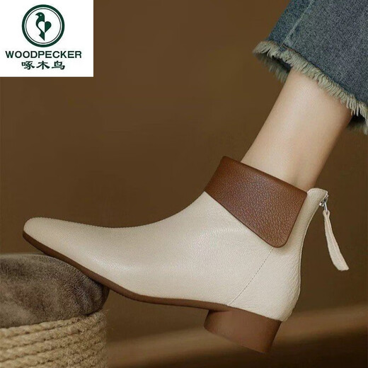 В дятеле кожа короткие ботинки женские одиночные сапоги толстые каблуки Martin Boots British Style Nude Boots Mother Boots 2025 Spring и осень новый стиль Black 38
