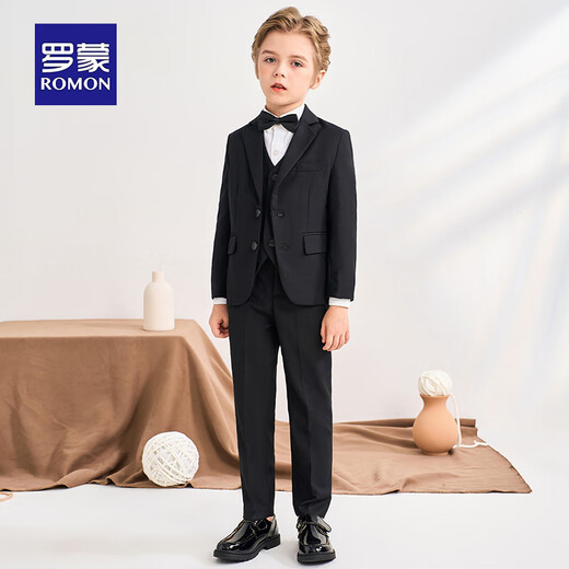 
Romon children's suit vest suit boy British style host dress flower boy performance suit black 140