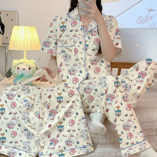 Pajama de primavera y verano de Hanrui para mujeres seda de seda de leche de dibujos animados de tres piezas ropa casera 14118 170 m