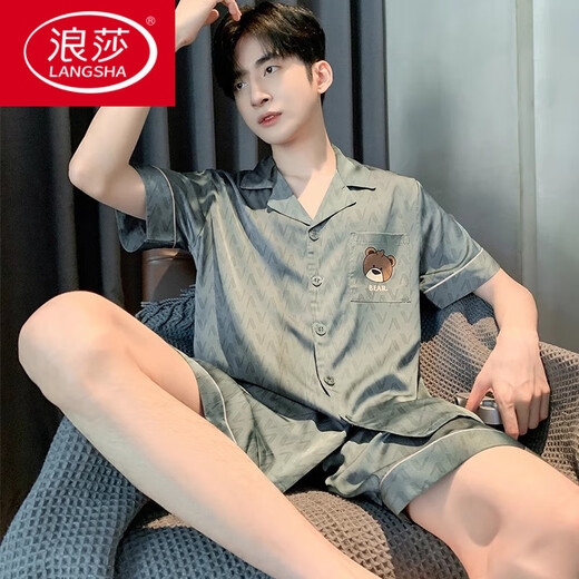 
LangSha short-sleeved men's pajamas ice silk 2025 new spring, summer and autumn teenager students imitation silk home clothing set Ice silk 6624 L Recommended height 170 and weight 100-1