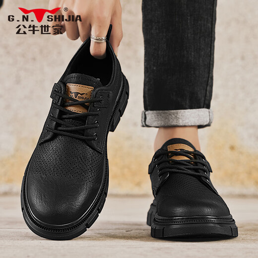 Bull Family Men's Shoes Summer Casual Leather Shoes Low Top Breathable Martin Boots Retro Old Hollow Workwear Shoes Men