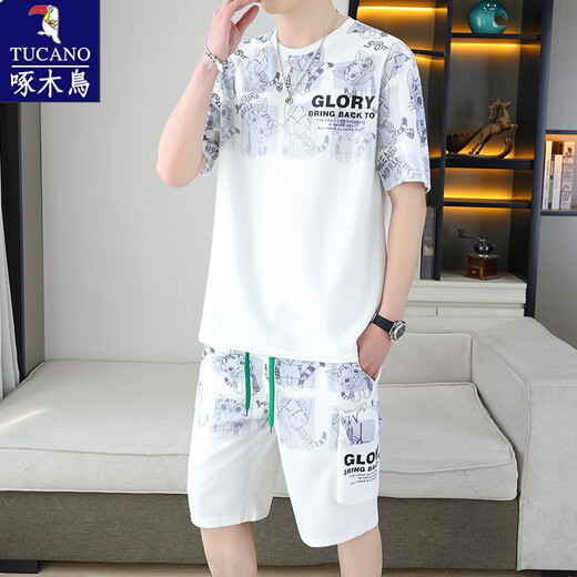 啄木鸟2025夏季新款短袖运动套装男青少年百搭短裤休闲两件套渐变色 6187蓝色 M