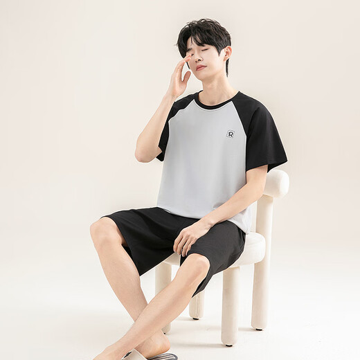 
New step (XINYIBU) 100% cotton men's pajamas short-sleeved shorts thin simple printed middle-aged daddy's home clothing set S5155 blue 3XL