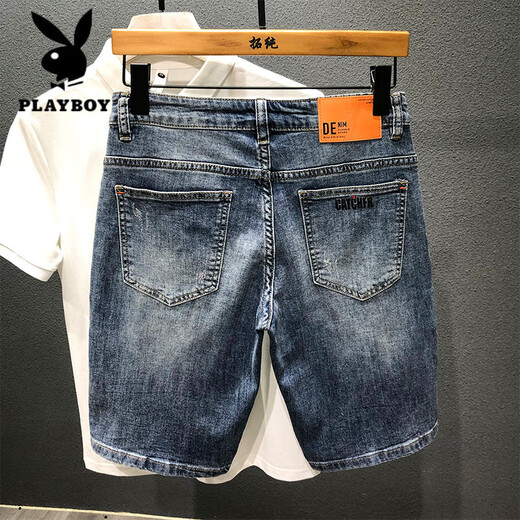 
Playboy (PLAYBOY) 2025 summer denim mid-pants printed trendy brand retro nostalgic washing Korean style slim five-point pants stretch shorts men 9902 models 31