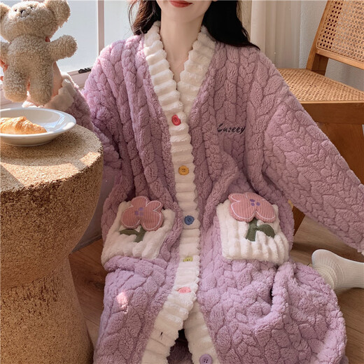 FHHUABD coral velvet nightgown for women Spring and Autumn 2024 new cute thickened flannel home clothes pajamas for women Autumn and Winter 761# M women L (suggested height 160-165c, weight 1