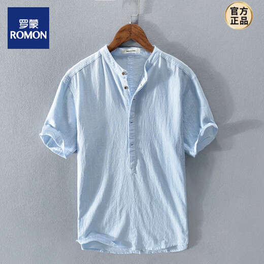 ROMON Henry collar linen short-sleeved shirt men's collarless men's cotton and linen shirt t-shirt top polo shirt summer Chinese style light blue 2XL suitable for 145-160Jin Jin equals 0.5 kg left