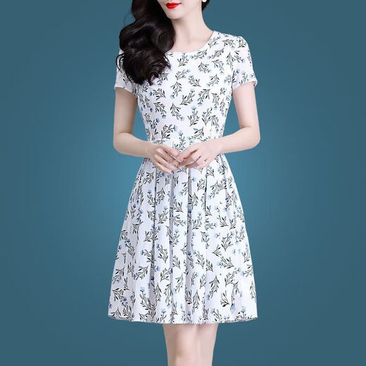濮水方方冰丝碎花连衣裙中长款2025洋气印花中老妈妈装显瘦裙子 冰丝9901裙 175 L 100-115斤