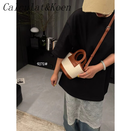 CALCULAT&KEENCK Women's Bag Cowhide Canvas Shell Bag Vegetable Basket Women's Bag Feeling Genuine Leather Crossbody Tote Bag Holiday Style Black