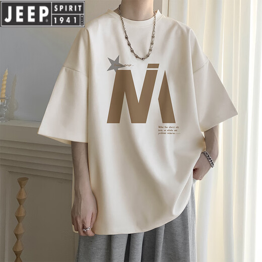 JEEP SPIRIT杏色短袖t恤男士夏季薄款潮牌宽松休闲半袖男生圆领五分T恤衣服 5012杏色 M 90-110斤可穿