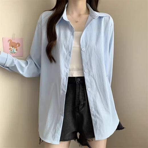 Miao Yijia long-sleeved shirt women's blue shirt women's 2025 spring new style foreign style light luxury high-end casual jacket commuting style solid color Korean style loose lapel shirt light blue one size fits all recommended 120Jin Jin equals 0.5 kg within