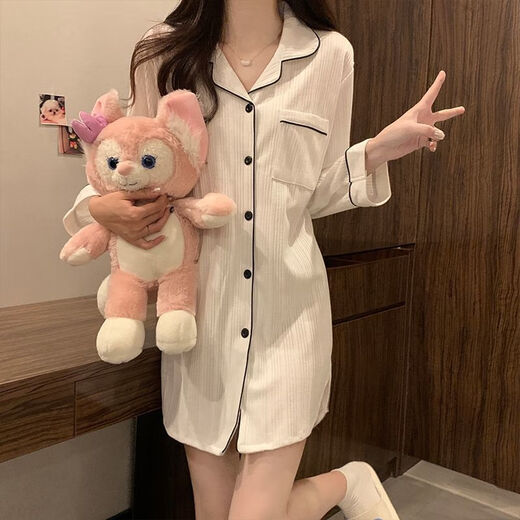 Le Xibei long-sleeved nightgown for women, small home clothes 2025 681# elegant white lapel skirt (version) 175 L (95-110Jin[Jin equals 0.5 kg])