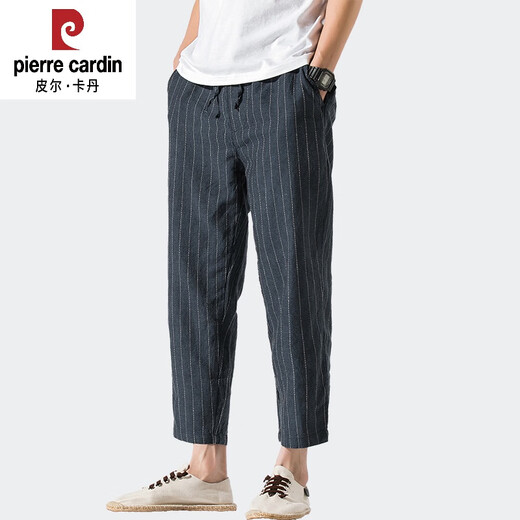 皮尔卡丹（pierre cardin）夏季亚麻九分裤男士棉麻休闲裤宽松薄款条纹小脚裤中国风麻料裤子 灰色 M 95-115斤