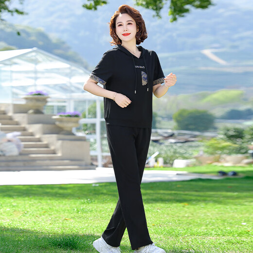 
Ziyan middle-aged and elderly mother sports suit for women 2025 summer new 50-year-old middle-aged women's clothing fashionable two-piece suit for women 831 black 2XL (recommended 100-115Jin [Jin equals 0.5 kg])