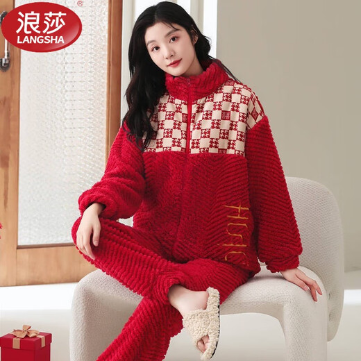 浪莎（LangSha）睡衣女士秋冬季珊瑚绒加绒加厚可外穿大码拉链法兰绒家居服套装 9717 双面提花绒 M [建议80-100斤]