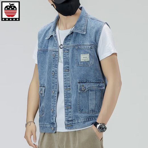 
AEMAPE Apple Spring and Summer New Working Denim Vest Men's Japanese Trendy Brand Loose Light Color Large Size Sleeveless Vest Jacket 6232# Light Blue M (Suggested 115-130Jin [Jin equals 0.5 kg])