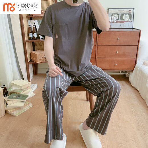 莫代尔感睡衣男春夏季短袖长裤纯色棉凉感爽棉春秋家居服两件套中青年 DM-12014瓶子口袋 L