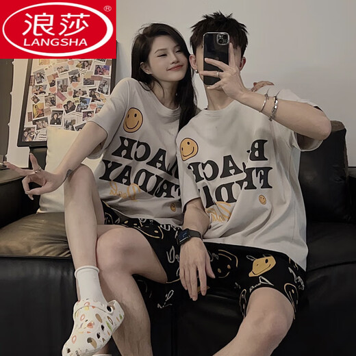 浪莎（LangSha）韩版高级感笑脸情侣睡衣女夏季薄款纯棉家居服男士七夕情人节礼物 灰色笑脸短款袖#692 XL 男款
