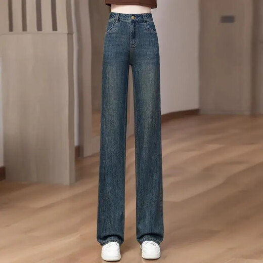 皮尔卡丹窄版阔腿牛仔裤女2025秋季新款高腰春秋长裤子宽松垂感直筒拖地裤 698-复古蓝 S 建议80-98斤
