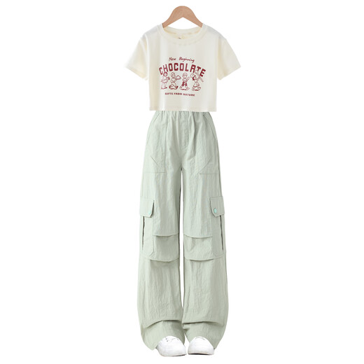 McTicco Girls Summer Set 2025 Neue Kinder Kurzarm Workports Sommerkleidung cool und glättet große Kindermädchen Kleidung 15265 Aprikose + 9928 Lila 160 160 cm