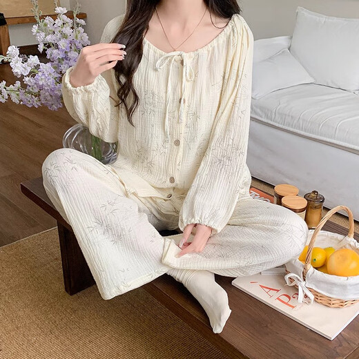 MONTAGUT pijamas de algodón de nube para mujer primavera y otoño tirantes de manga larga conjunto de tres piezas hojas lindas estilo puro deseo ropa para el hogar 2025 nuevo estilo tfn#f9928 talla única m recomendado 75-95Jin Jin equivale a 0,5 kg