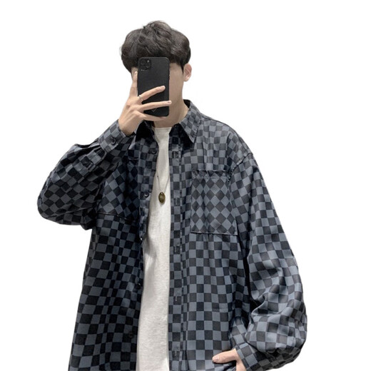 Rongxitu Camisa de ajuste de checkerboard de chaqueta de chaqueta para hombres CARJETA DE NUEVO ESTILO Spring y otoño 684+Mangas cortas blancas+pantalones grises de cuerda grande+collar+calcetines L de calidad más alta que los compañeros