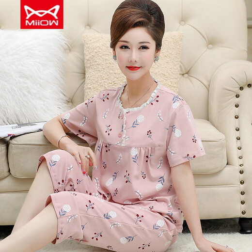 Catman miiow pyjamas d'été coton féminin pur coton court à manches courtes pantalons courts à manches courtes et mères âgées d'âge moyen et âgées du printemps et d'été de grande taille des vêtements de maison xin rose ym3937 l (recommandé 95-115 Jin [Jin est égal à 0,5 kg]))