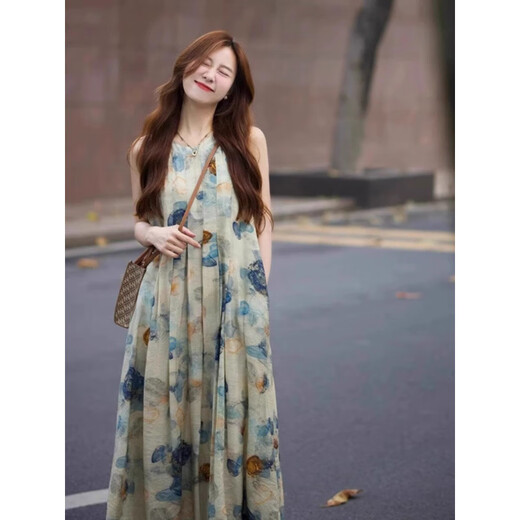 Lugeli vest dress retro literary and artistic temperament new national style spring and summer long skirt women's 2025 new niche design sense ink painting dress L recommended 105-115 Jin Jin equals 0.5 kg